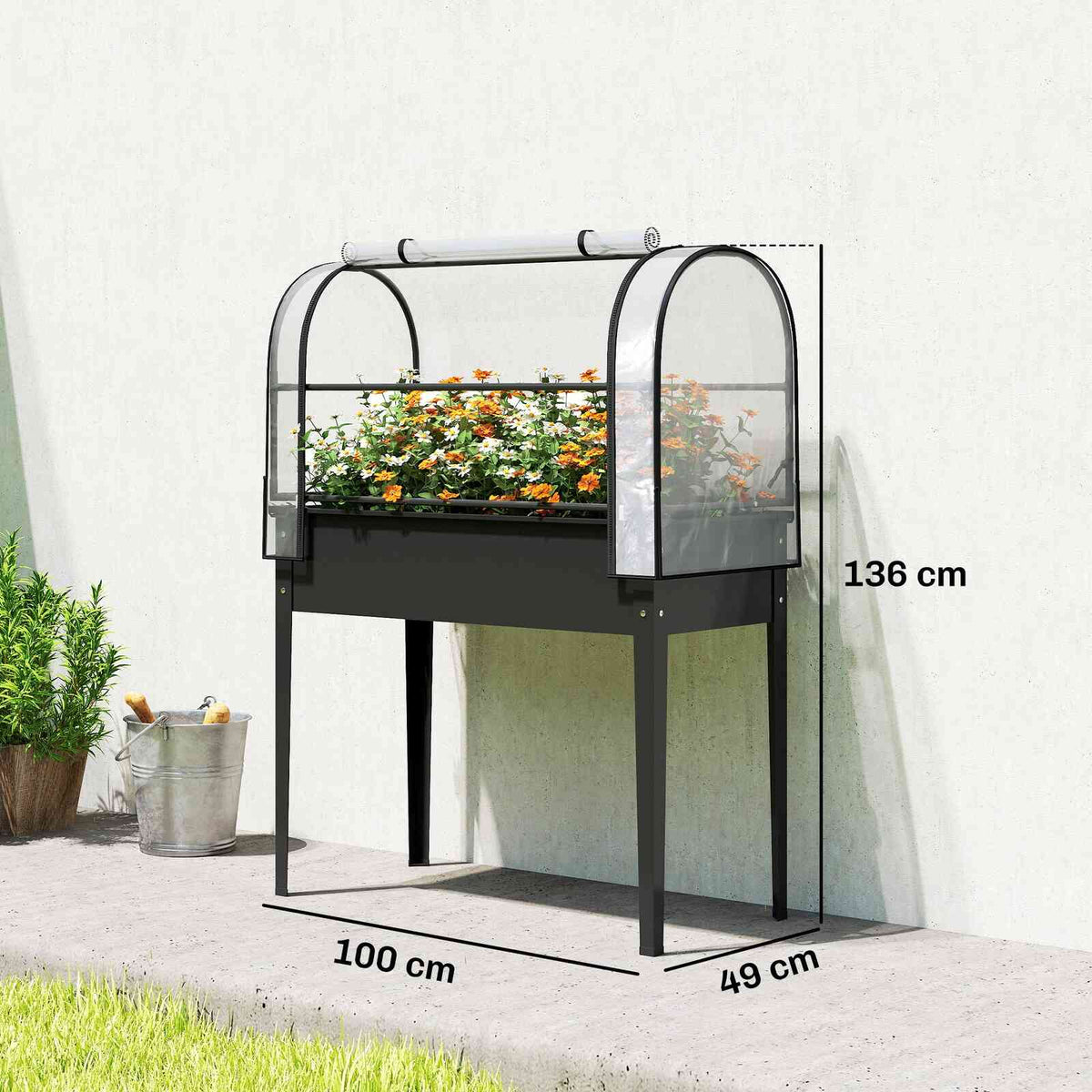 Dimensions du bac potager noir avec serre : 100 × 49 × 136 cm