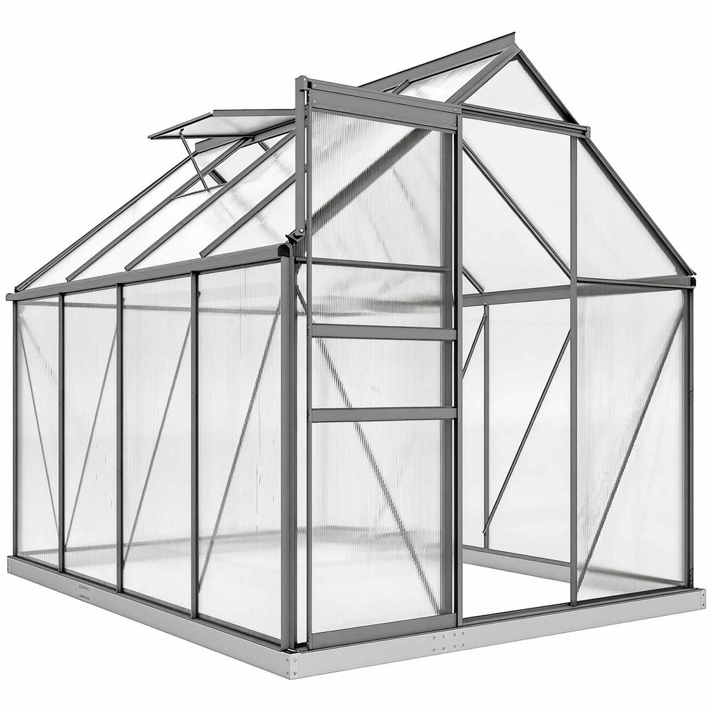 Serre grise en polycarbonate avec porte coulissante et lucarne ouverte