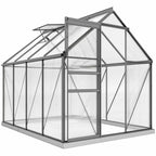 Serre grise en polycarbonate avec porte coulissante et lucarne ouverte