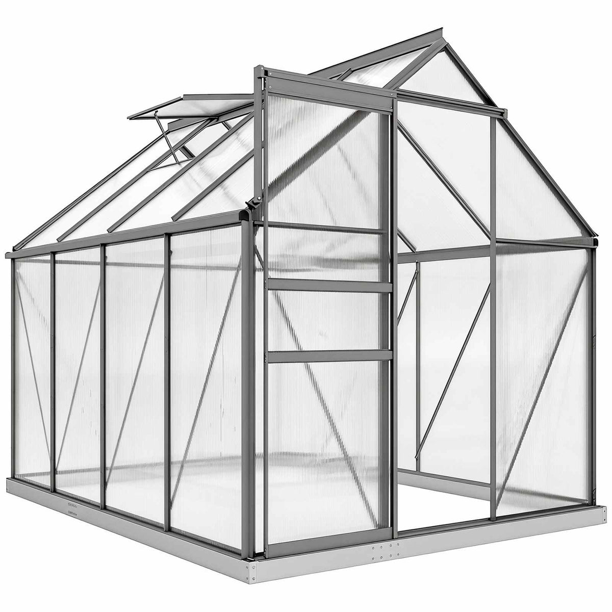 Serre grise en polycarbonate avec porte coulissante et lucarne ouverte