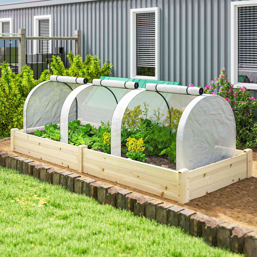 Mini serre tunnel blanche installée dans un bac potager en bois