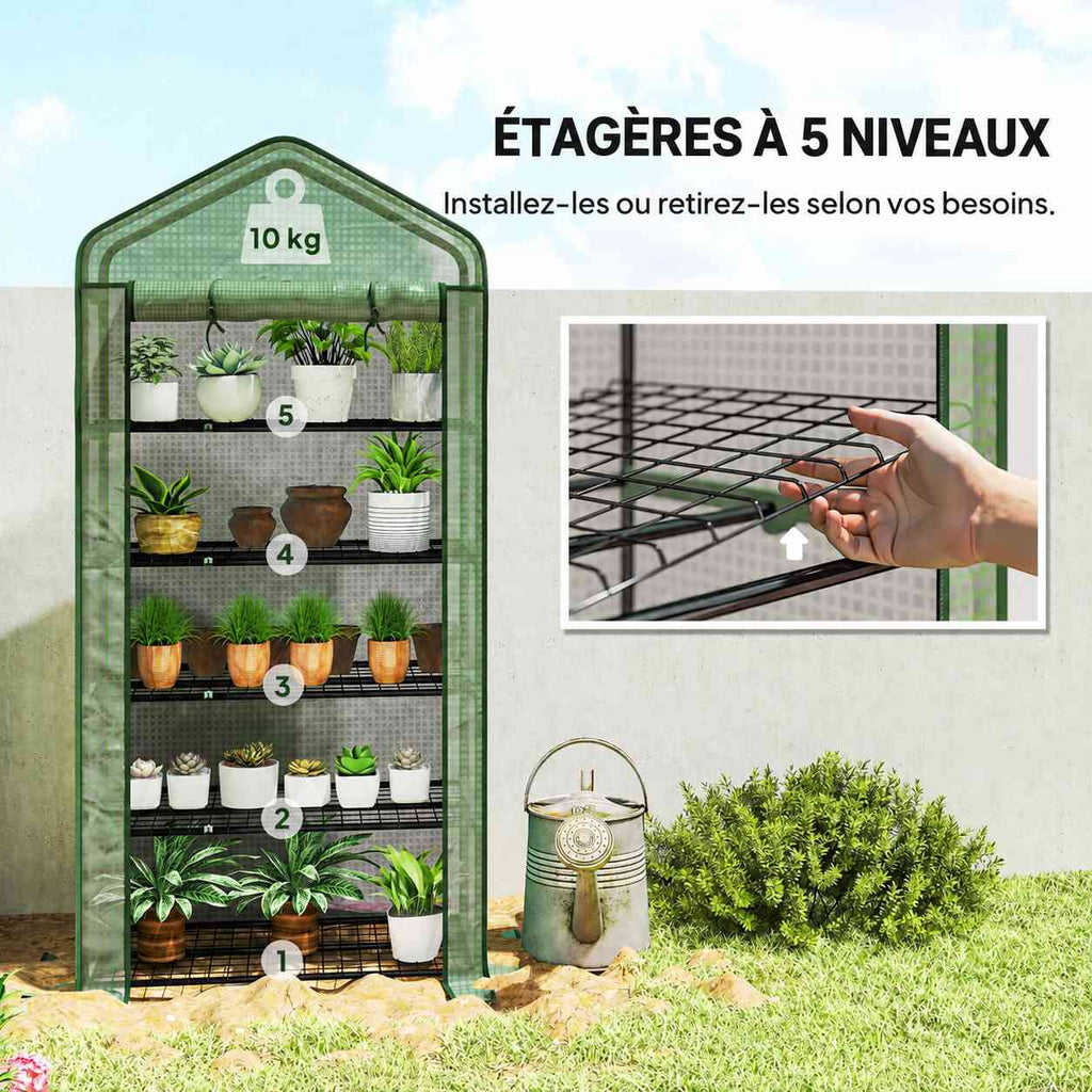 Serre verte avec plantes et détail d’une tablette amovible
