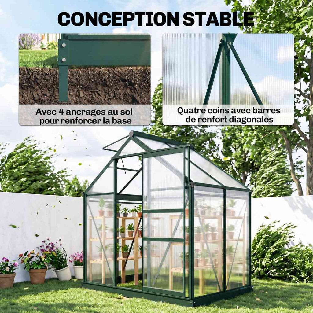 Serre au jardin et détails des ancrages et renforts d’angle