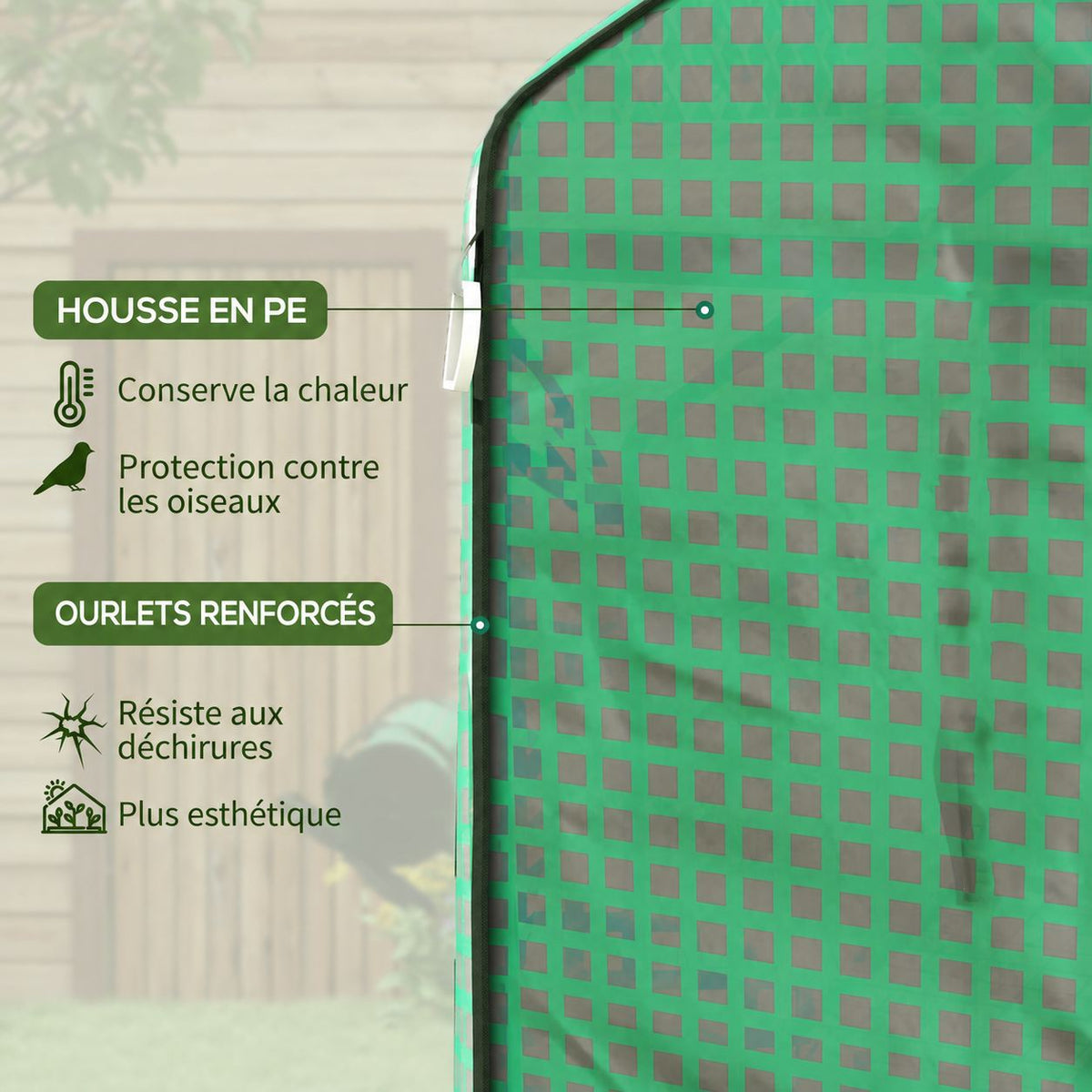 Gros plan de la bâche verte quadrillée et d’une bordure