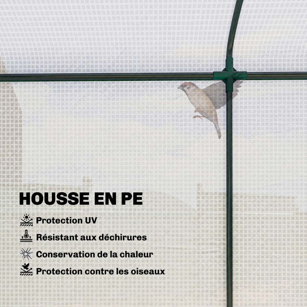 Détail intérieur de la housse blanche quadrillée et de l’armature verte