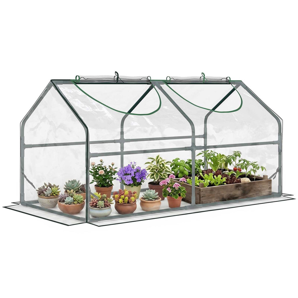 Mini-serre transparente à deux ouvertures avec plantes en pots