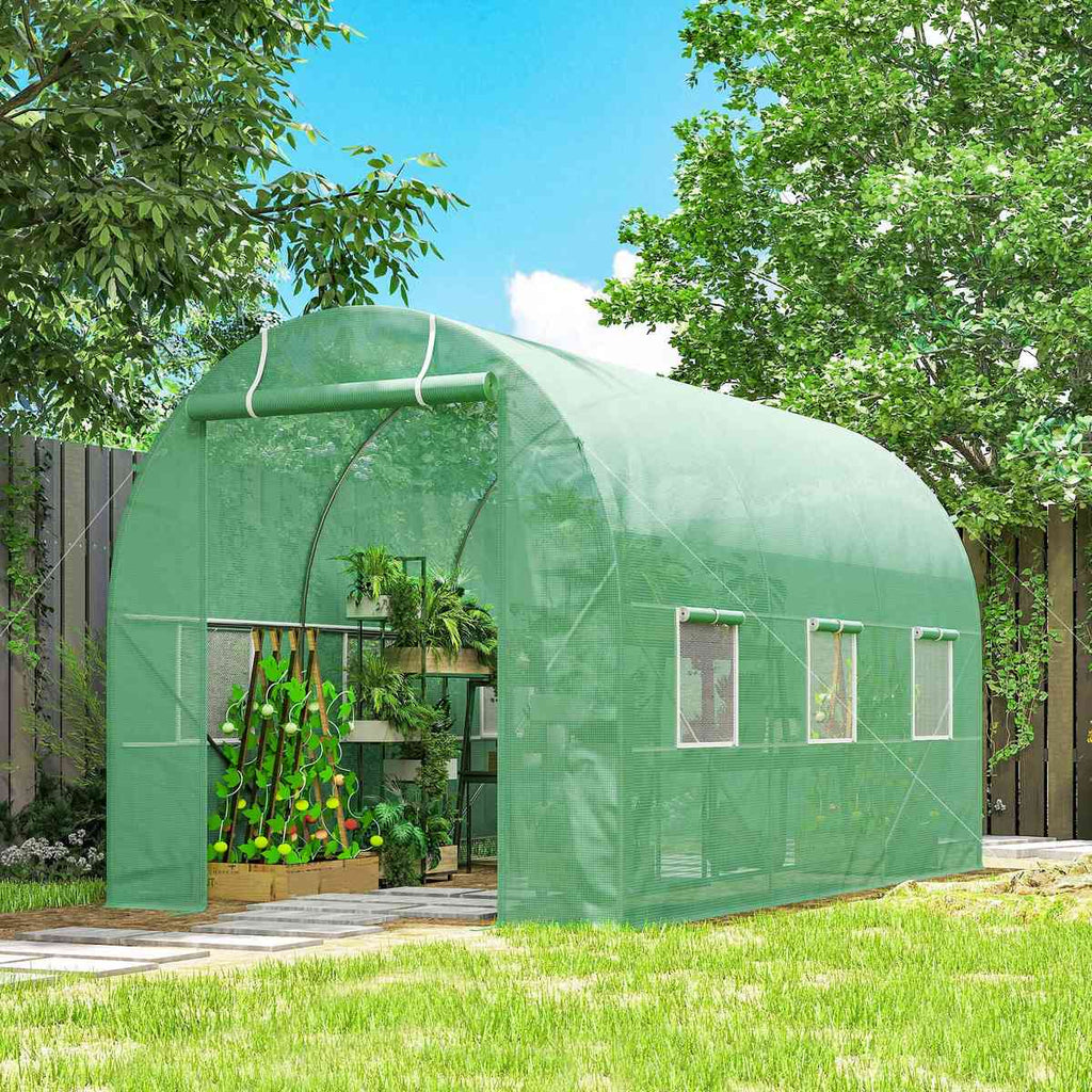 Serre tunnel verte au jardin avec plants de légumes à l’intérieur