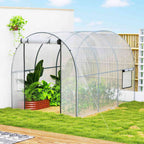 Serre transparente avec bacs de plantes près d’un mur
