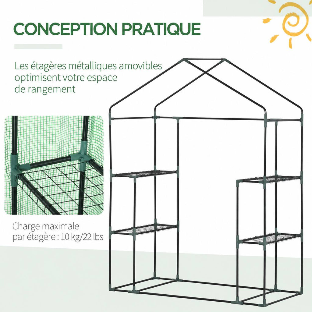 Armature nue de la petite serre et étagères grillagées amovibles