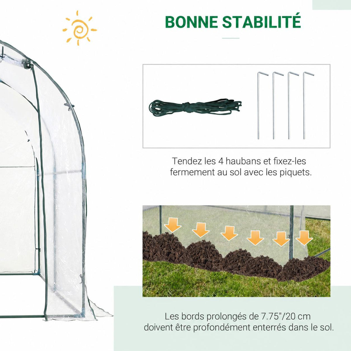 Cordes, piquets et bord de bâche à enterrer de la serre transparente