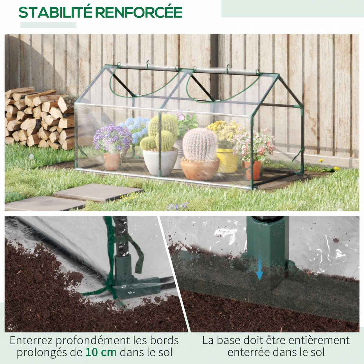 Mini-serre au jardin et détails des fixations au sol