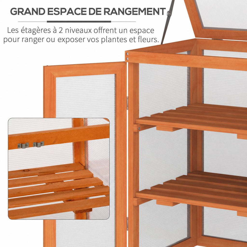 Présentation des deux étagères à lattes de la serre en bois brun