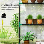 Détail des trois niveaux d’étagères avec plantes en pots dans la serre blanche