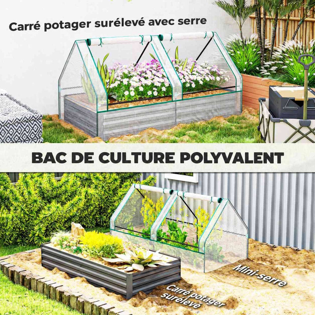 Bac potager et housse de serre présentés ensemble puis séparément