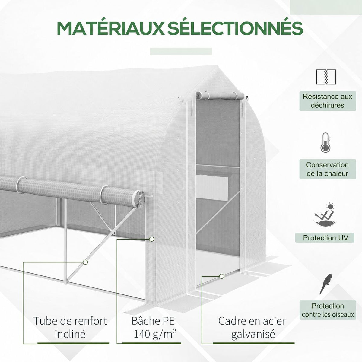 Détail de la bâche blanche et de l’armature de serre