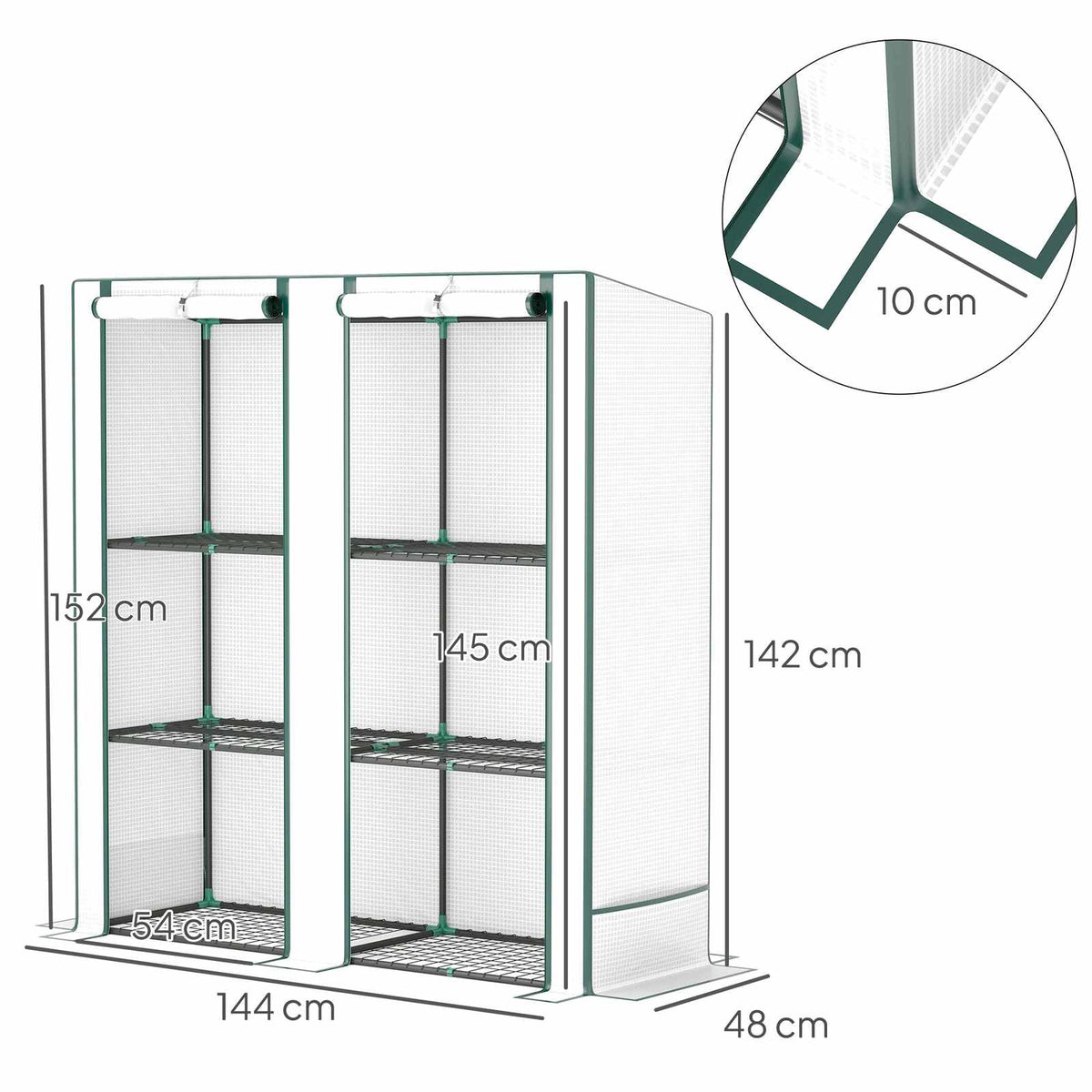 Dimensions de la serre blanche avec six tablettes