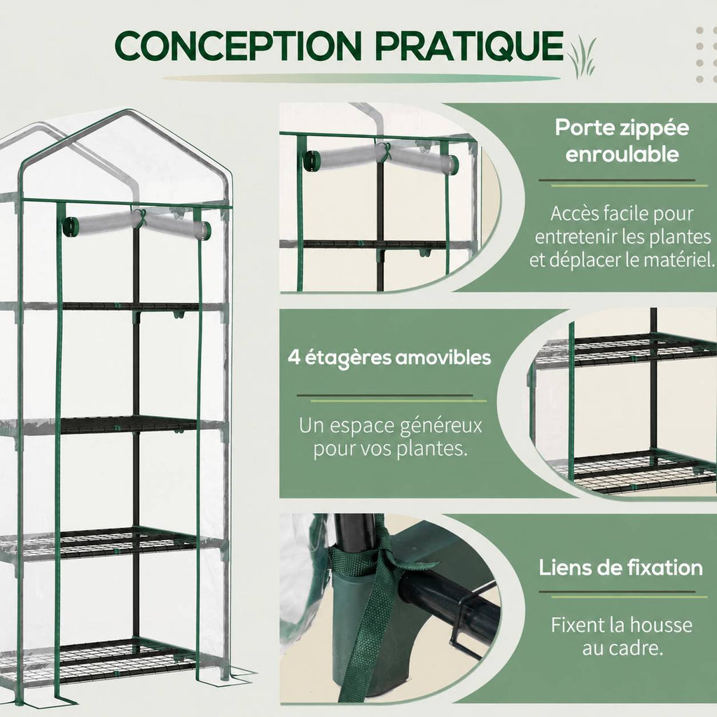 Porte enroulable, étagères grillagées et attaches de la petite serre