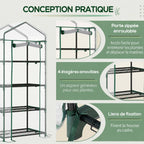 Porte enroulable, étagères grillagées et attaches de la petite serre