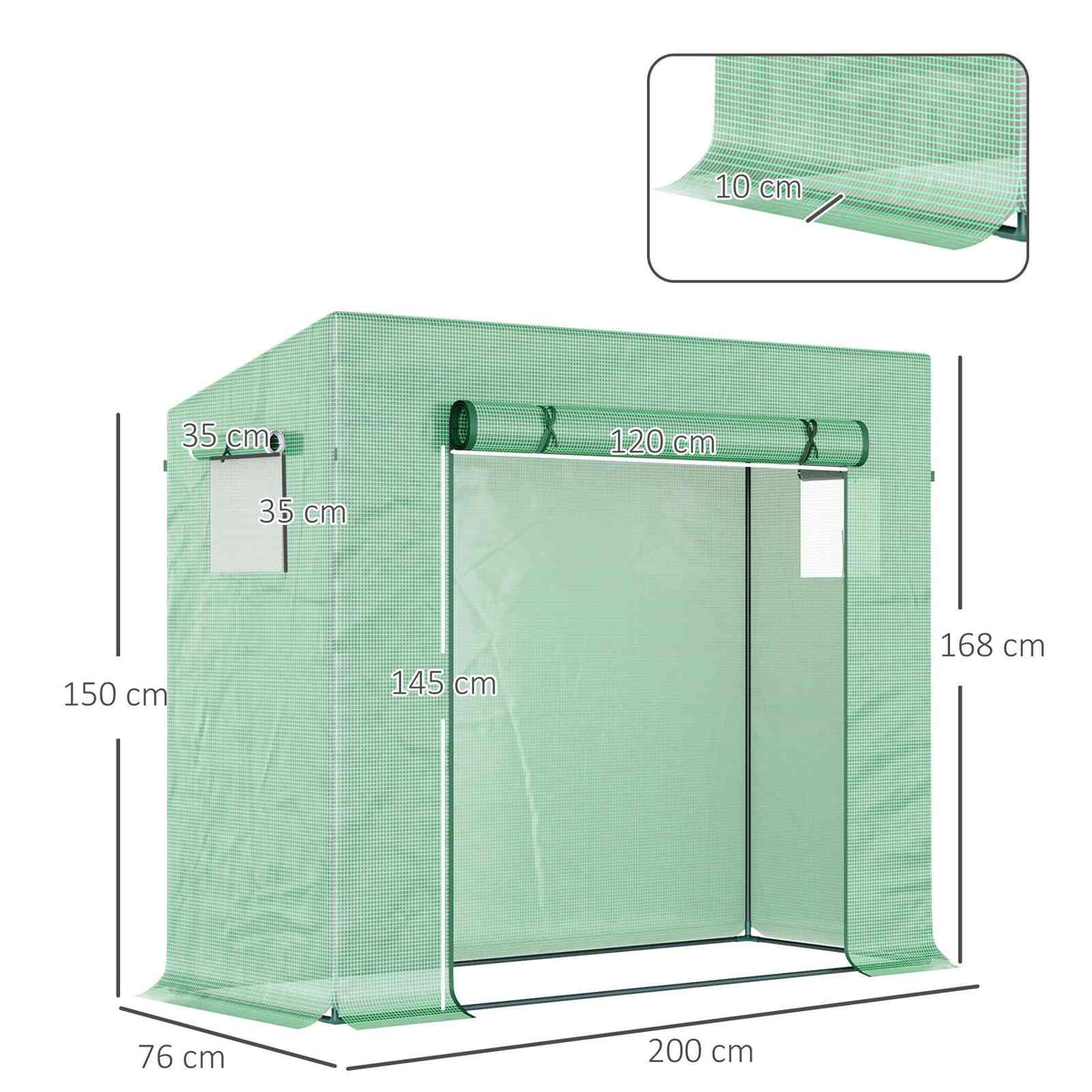 Dimensions de la serre verte : 200 × 76 × 168 cm