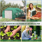 Serre tunnel au jardin et exemples de cultures de fruits, légumes et fleurs