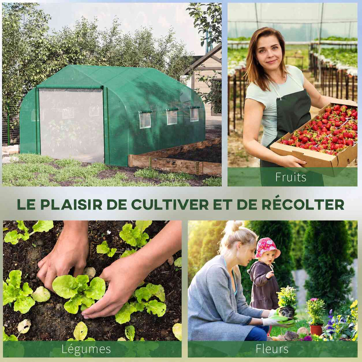 Serre tunnel au jardin et exemples de cultures de fruits, légumes et fleurs