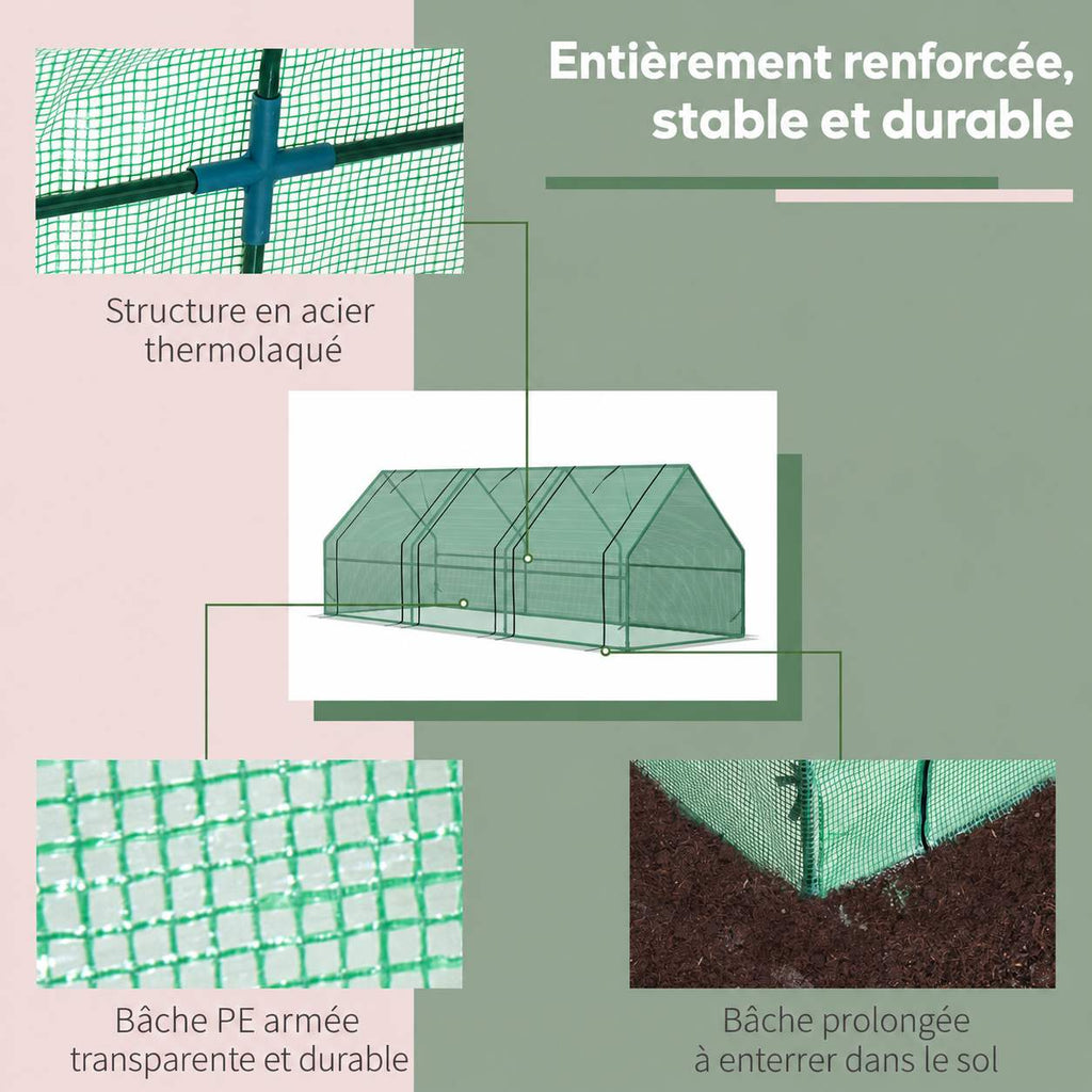Détails du cadre, de la bâche et de l’ancrage de la mini-serre verte