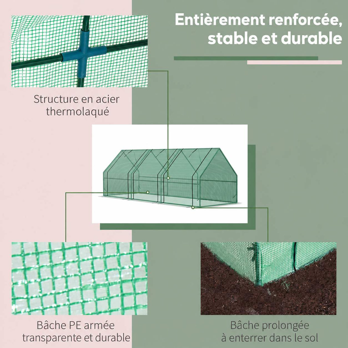 Détails du cadre, de la bâche et de l’ancrage de la mini-serre verte