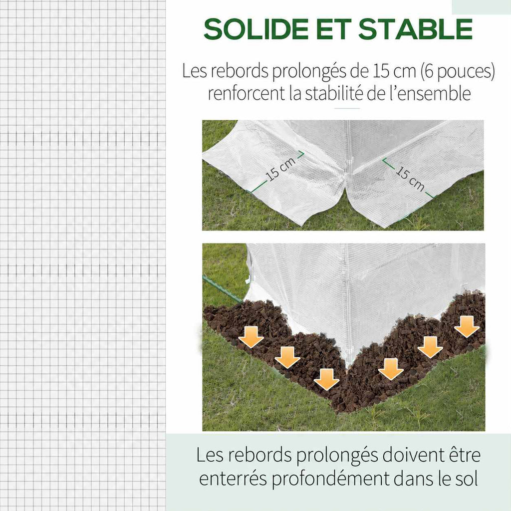 Quadrillage de la bâche blanche et détail du bord prolongé à enterrer
