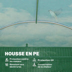 Détail intérieur de la housse verte et des arceaux de la serre tunnel
