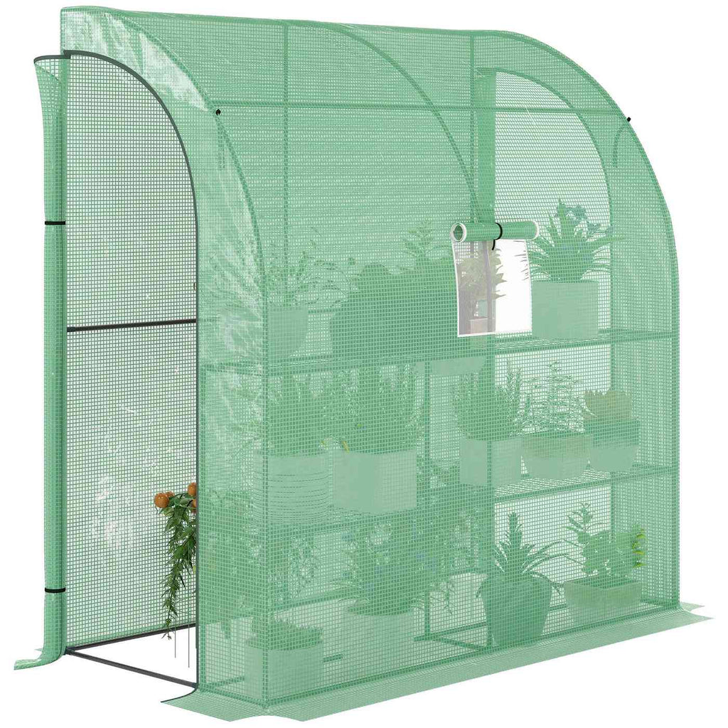 Serre adossée verte remplie de plantes en pots