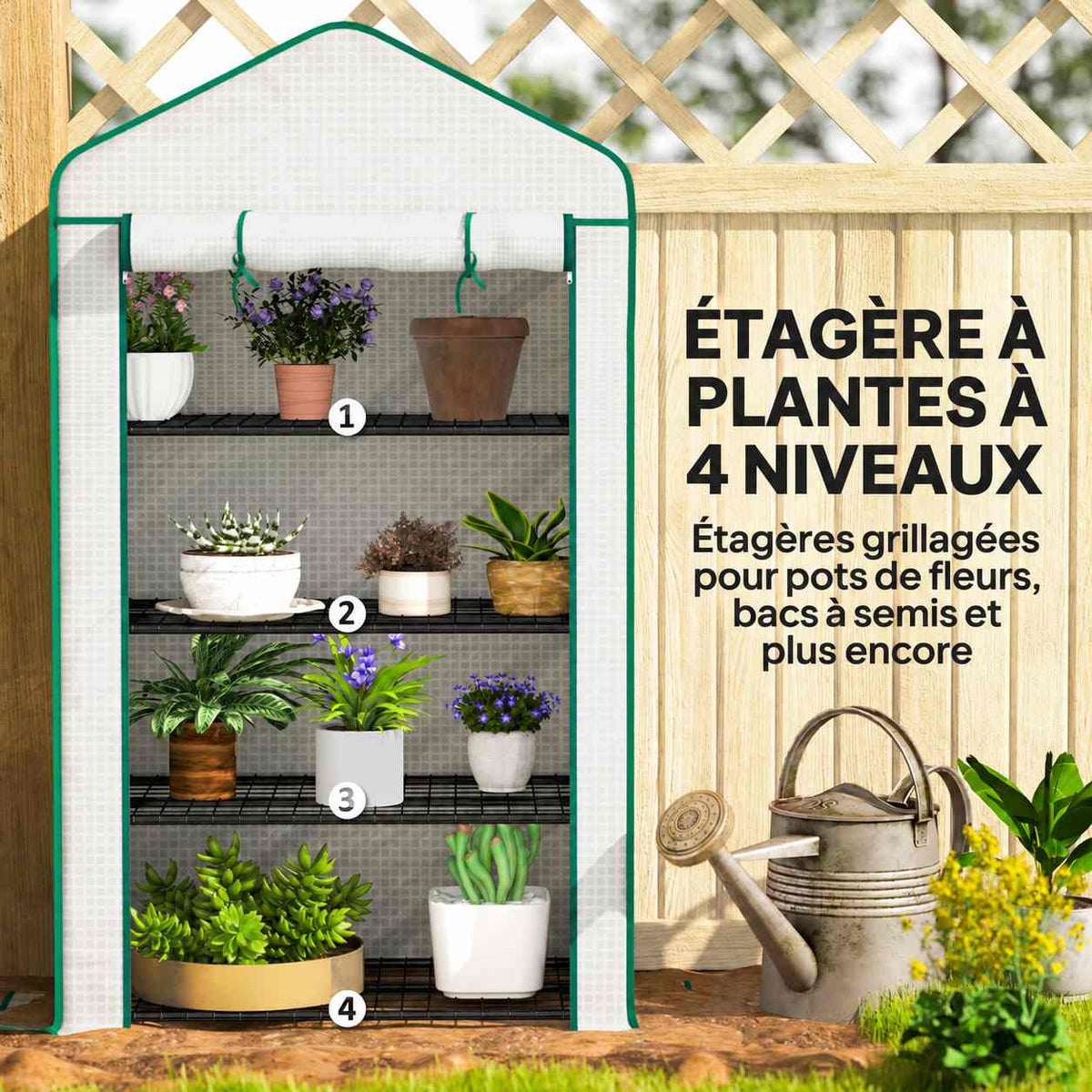 Quatre niveaux de plantes dans la mini serre blanche