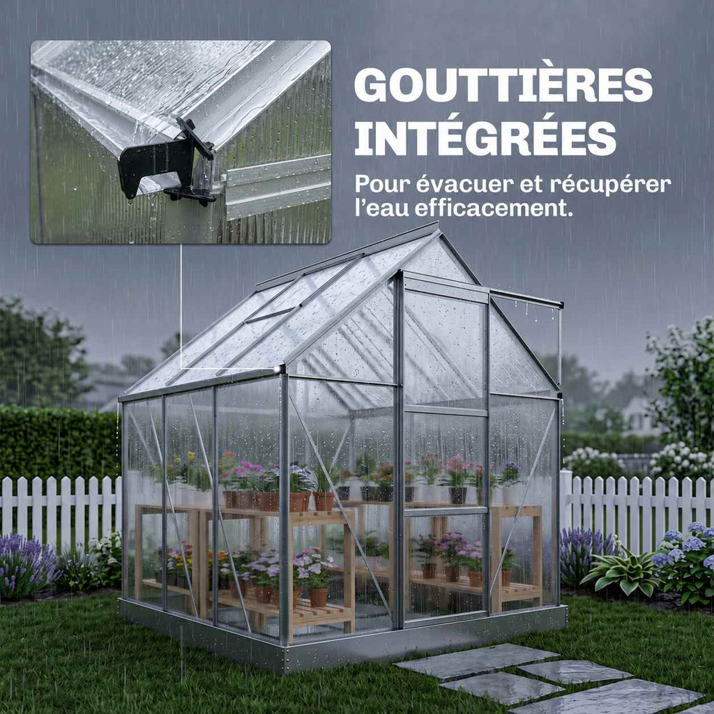 Serre sous la pluie avec gros plan d’une gouttière