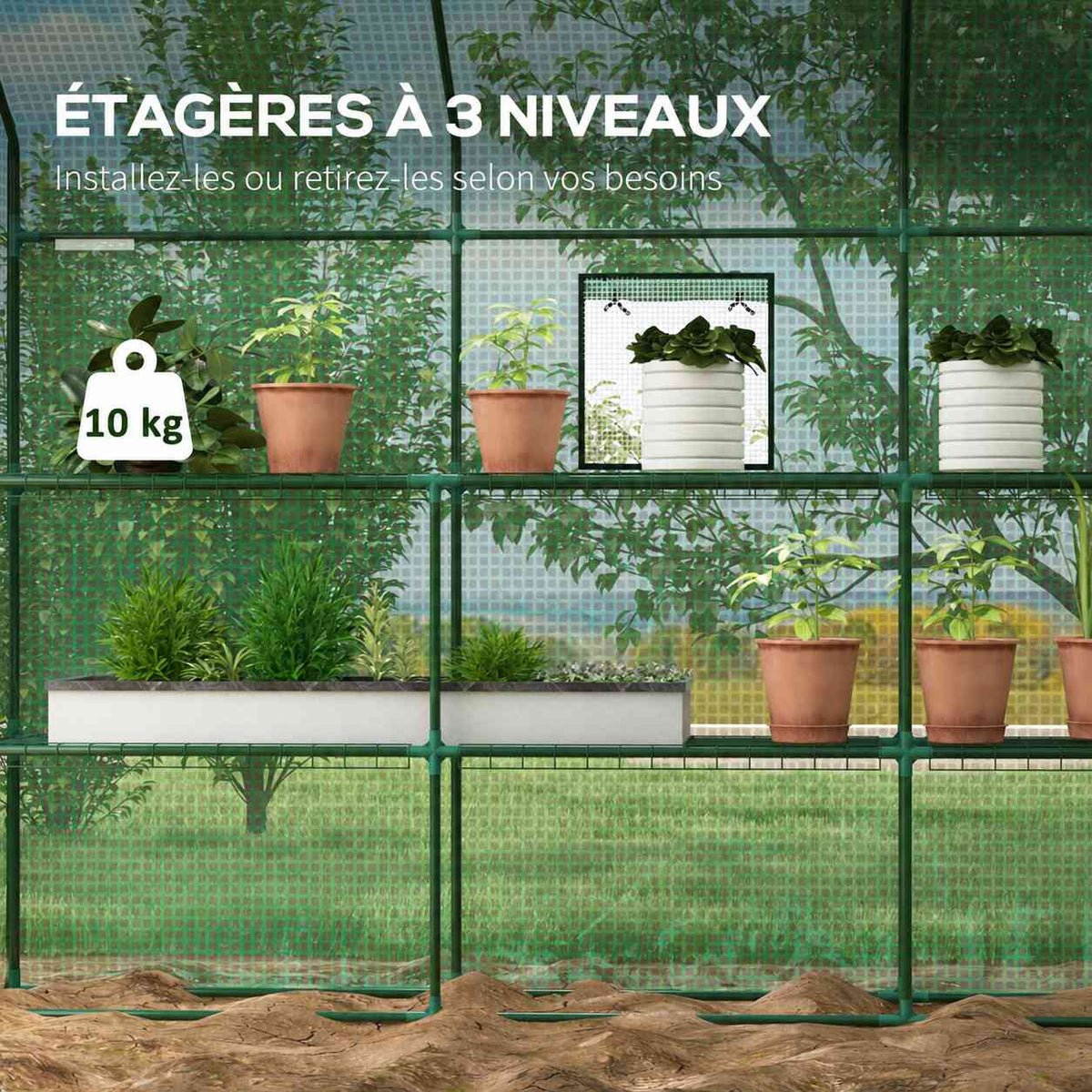 Détail des trois niveaux de tablettes de la serre verte