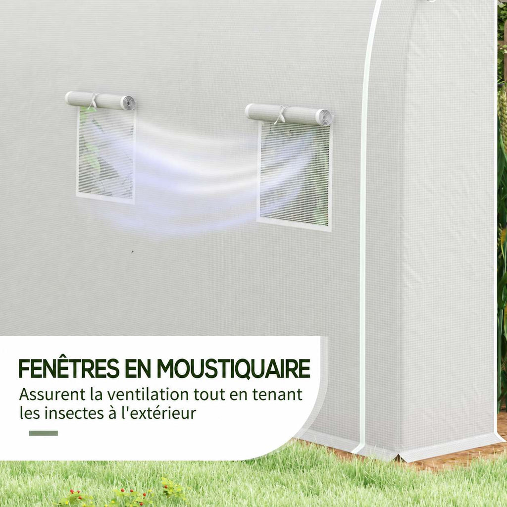 Détail des fenêtres à moustiquaire de la serre tunnel blanche