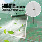 Détail d’une fenêtre à moustiquaire de la serre tunnel verte