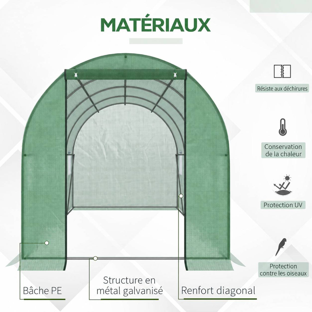 Présentation de la bâche verte et de l’armature de la serre tunnel