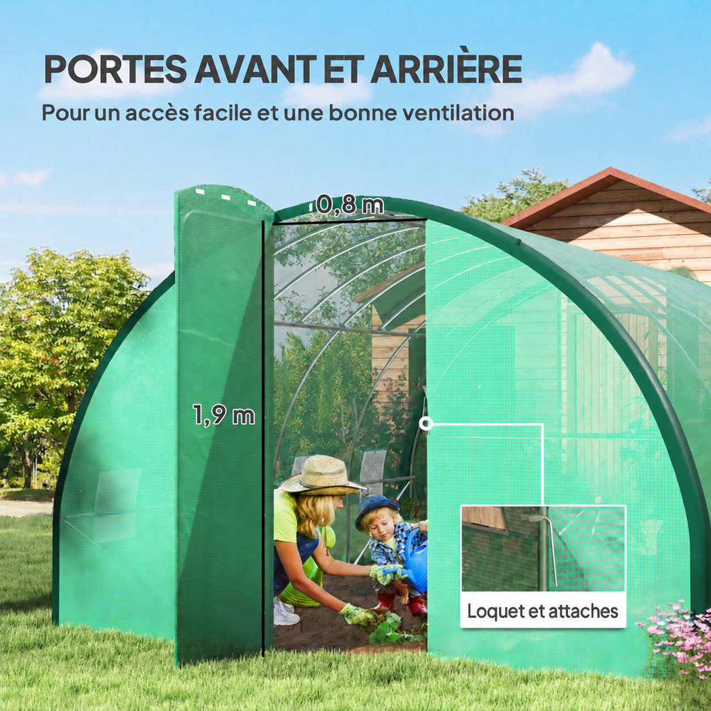Femme et enfant jardinant dans la serre avec détail des attaches de porte