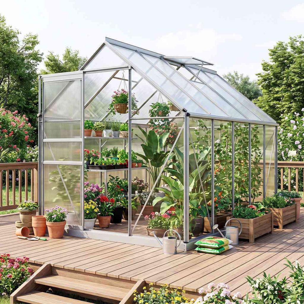 Serre grise remplie de plantes sur une terrasse en bois