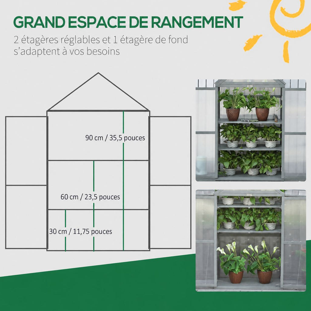 Présentation des étagères réglables dans la serre en bois gris