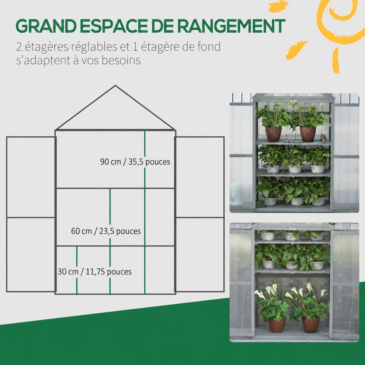 Présentation des étagères réglables dans la serre en bois gris