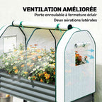 Détail des fenêtres latérales et de la porte enroulable du bac potager avec serre