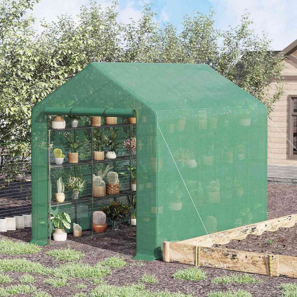 Serre verte remplie de plantes près d’un potager
