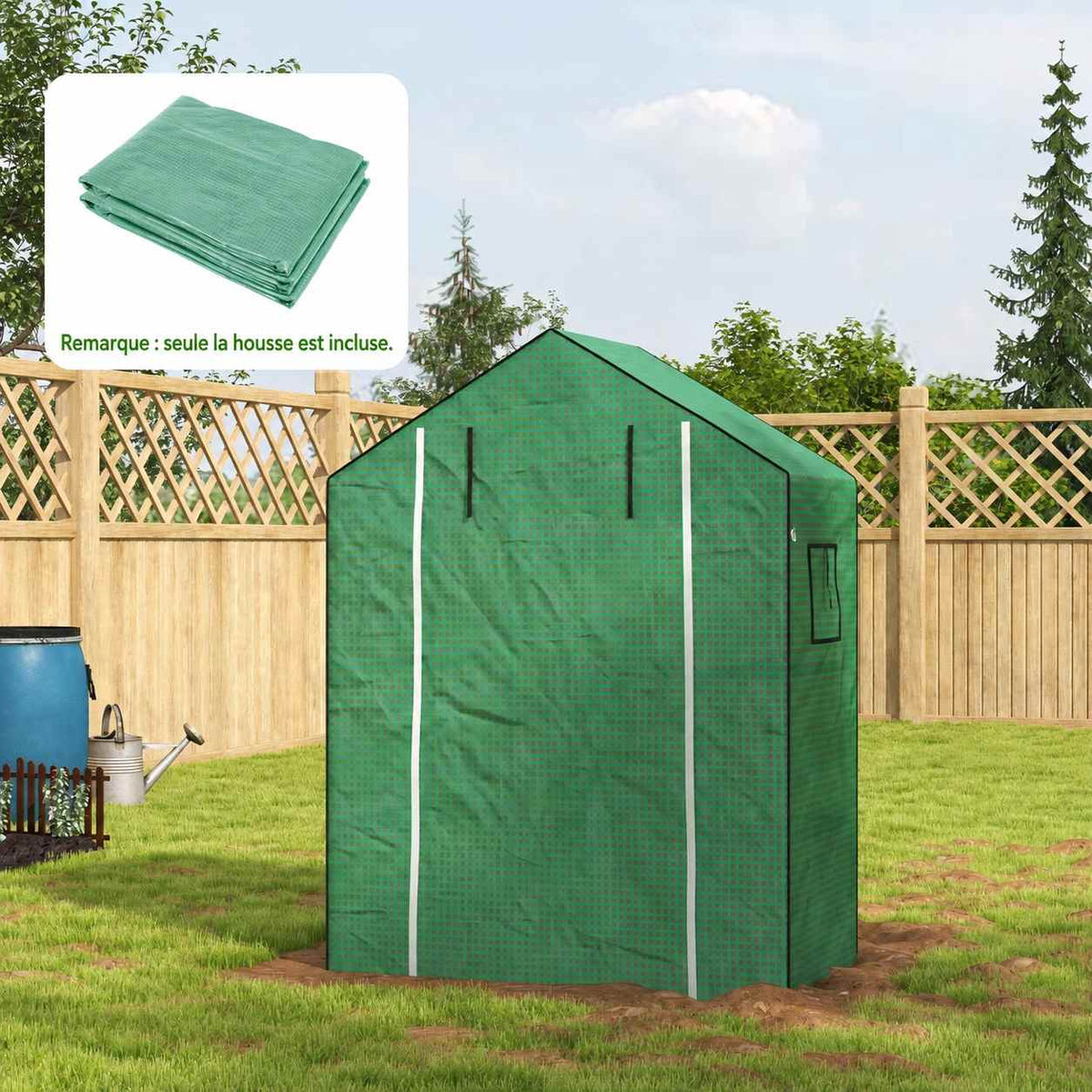 Exemple de housse verte fermée sur une serre au jardin