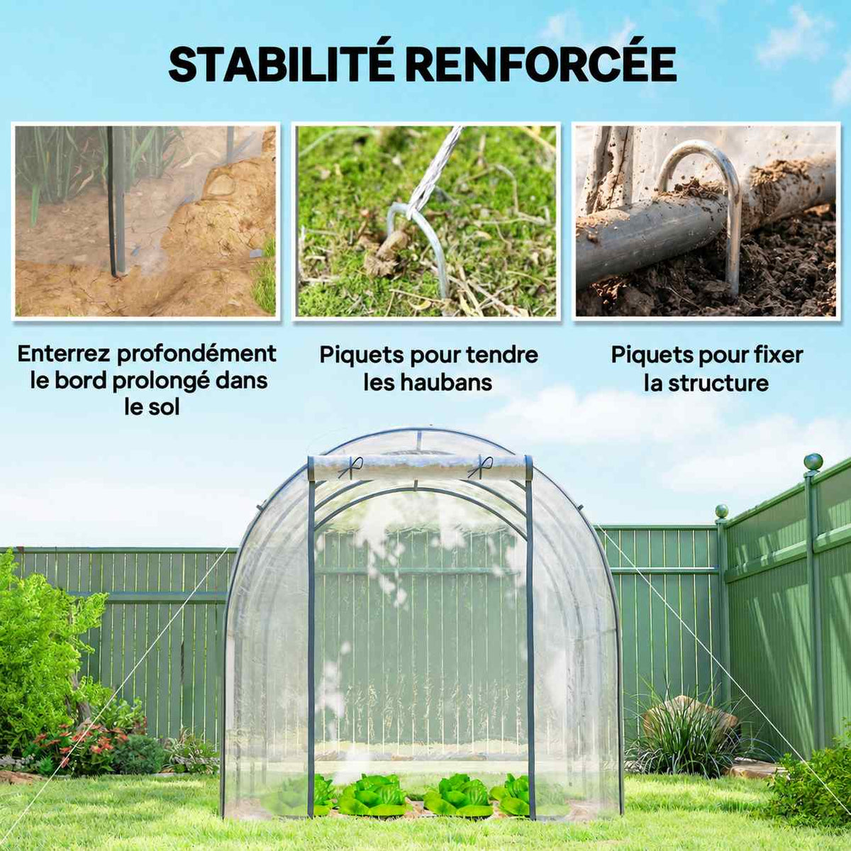 Serre tunnel avec détails des piquets et de l’ancrage
