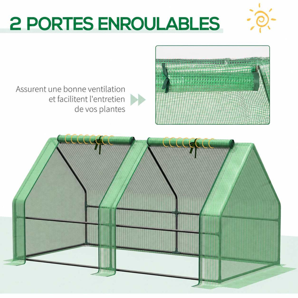 Présentation des deux portes enroulables de la mini-serre verte