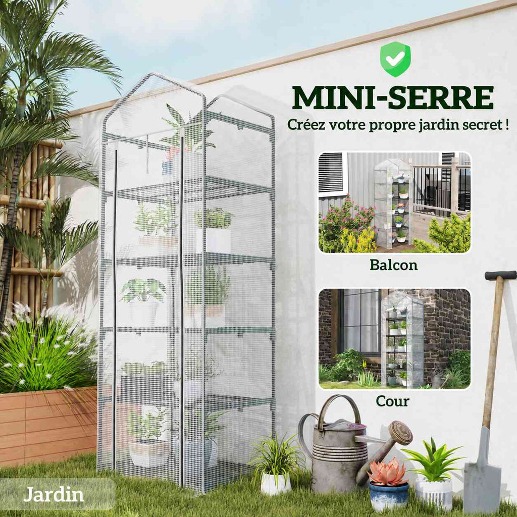 Mini serre transparente illustrée au jardin, sur un balcon et dans une cour