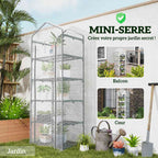 Mini serre transparente illustrée au jardin, sur un balcon et dans une cour