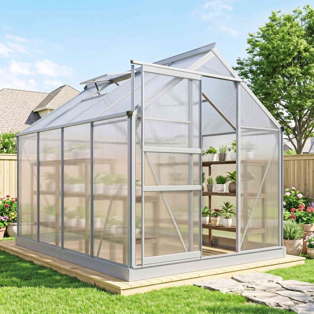 Serre argentée installée au jardin avec étagères et plantes en pots