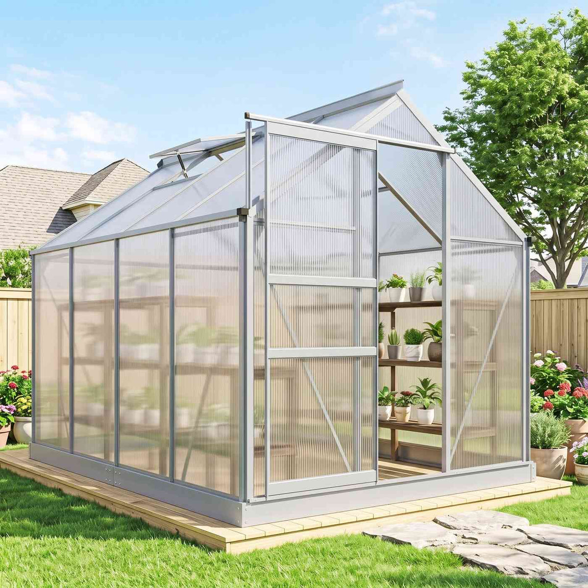 Serre argentée installée au jardin avec étagères et plantes en pots