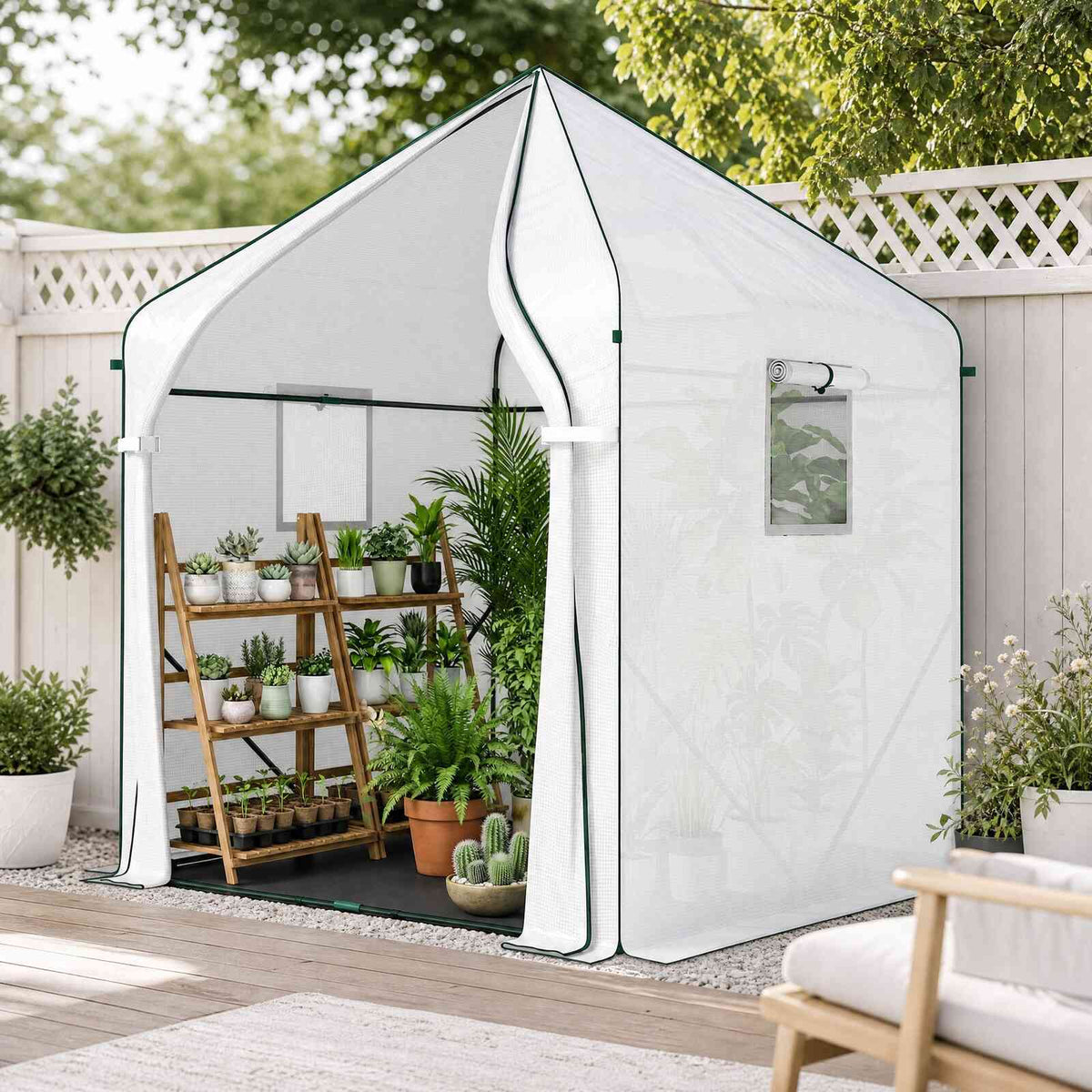 Serre blanche contenant une étagère de plantes sur une terrasse